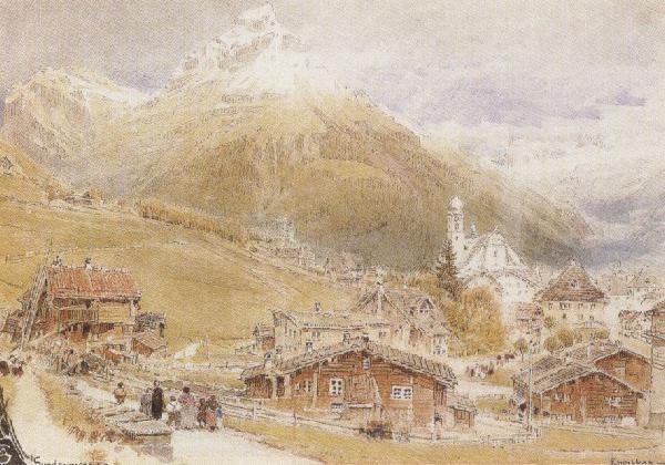 Albert goodwin,r.w.s A Sunday Morning in Engelberg,Switzerland (mk37) oil painting image